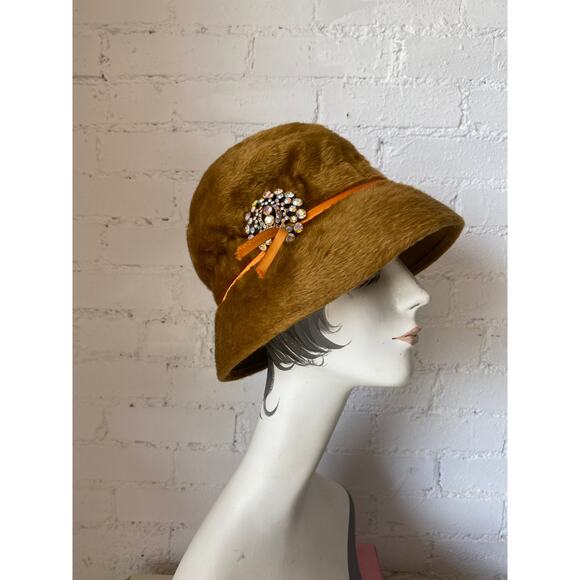 vintage 1960s mod fuzzy rust bucket hat wide brim rhinestones 60s fashion mcm - Picture 2 of 8